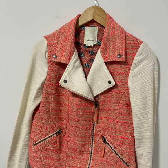 Anthropologie Elevenses Pink & White Tweed Moto Jacket Size 6 - Picture 4 of 5
